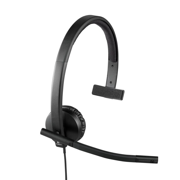 Logitech 981000570 mono headset with adjustable microphone boom and padded earpiece for computer use - Side View