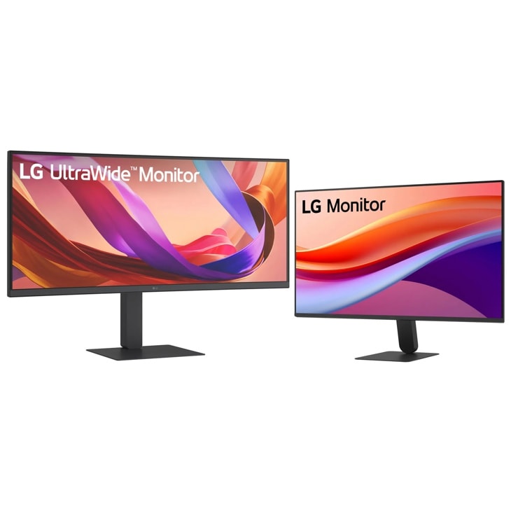 LG 34U650A-B UltraWide Monitor and LG 27U411A-B Monitor with colorful displays on stands - Front View