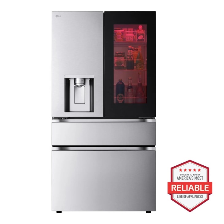 LG LF29S8365S_LSEL6335XE_LDNPM654S French Door Refrigerator with America's Most Reliable line of appliances badge Front View