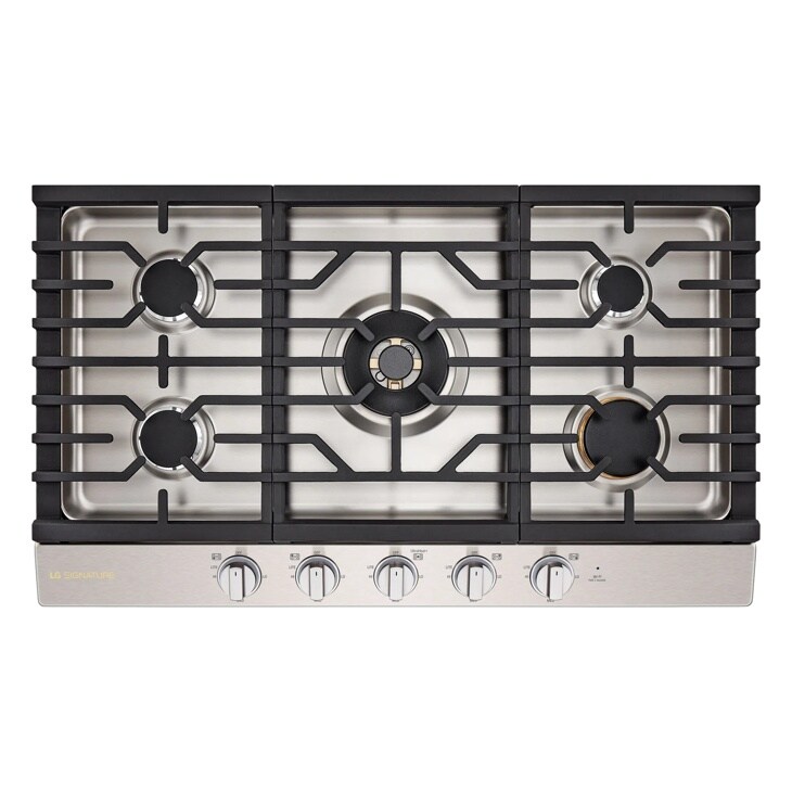 CBGU3639X Gas Cooktop with five burners featuring stainless steel surface, black grates, and control knobs - Top-Down View
