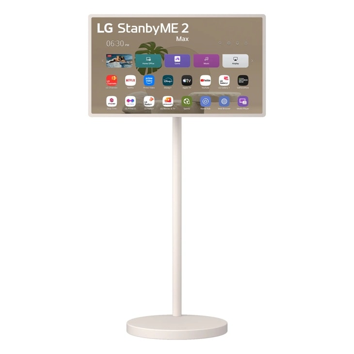 LG StanbyME 2 32LX6BWGA portable smart display with floor stand showing home screen interface with streaming apps