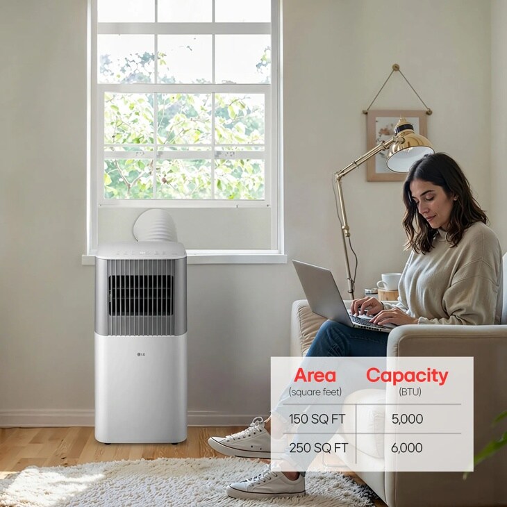 LG LP0626PGSF Portable Air Conditioner in home office with area coverage chart showing 150 SQ FT/5,000 BTU and 250 SQ FT/6,000 BTU - Lifestyle View