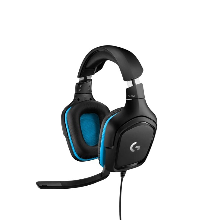 Logitech G432 981000769 Gaming Headset with black frame, blue ear cushions, adjustable headband, and attached microphone - Front View