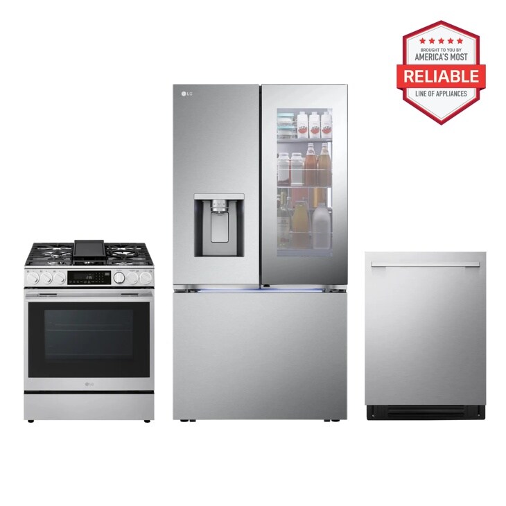 LG LRYKC2606S LSGL6337X LDNTH753S kitchen package with gas range, refrigerator, and dishwasher, America's Most Reliable line of appliances Front View