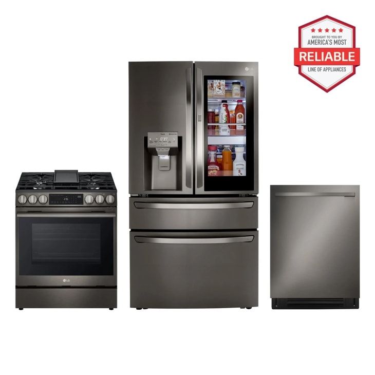 23 cu. ft. Smart InstaView™ Door-in-Door® Counter-Depth Refrigerator with Exterior Water DIspenser and Craft Ice™ with Slide-in Gas Range and FlushFit™ Top Control Dishwasher Kitchen Package in Black Stainless Steel LRMVC2306D_LSGL6335Z_LDNTM545D
