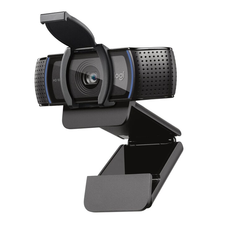 Logitech 960001401 HD webcam with privacy shutter open showing lens and dual stereo microphones