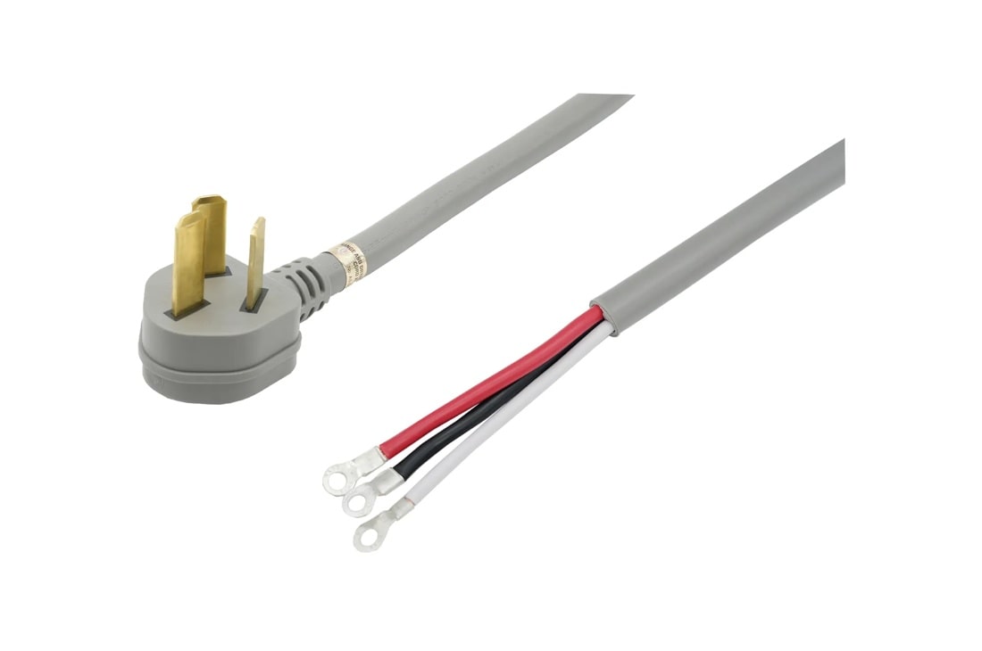 AGF04191002 power cord with three-prong plug on right side and exposed red, black, and white wires with ring terminals on left side