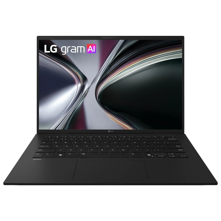 LG Gram 14Z95U-G.AS67U1 Laptop with black chassis showing keyboard and display with LG gram AI logo on screen - Front View
