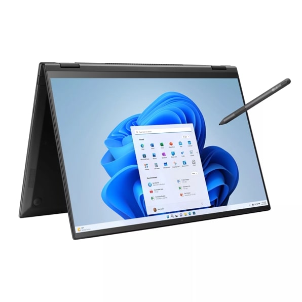 Left side view of the 16 Inch LG gram 2 in 1 (16T90R-K.AAC7U1) laptop with 16GB RAM, Intel Core i7 and a Stylus Pen