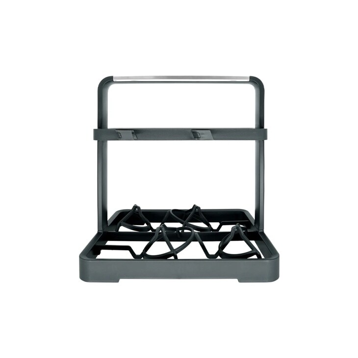 AGM30091511 kitchen accessory dish rack with two-tier design featuring dark gray frame, silver handle, and built-in utensil holders - Front View