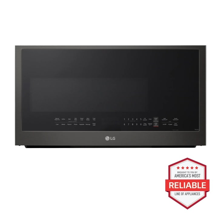 LG MVEL2035Z Over-the-Range Microwave with digital control panel showing cooking presets and numeric keypad in black finish - Front View