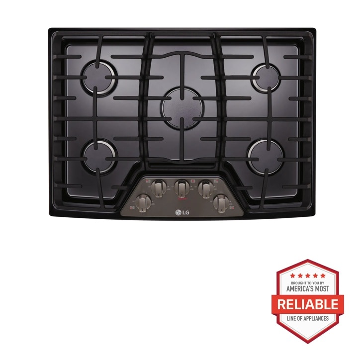 Front view of the 30" Gas Cooktop with SuperBoil™ - LCG3011BD. Includes a graphic logo that says, Brought to you by America’s Most Reliable Line of Appliances.
