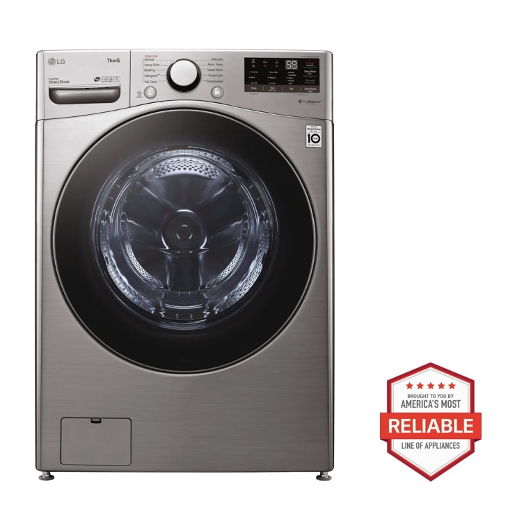 Front view of the 4.5 cu. ft. Ultra Large Capacity Smart wi-fi Enabled Front Load Washer with Built-In Intelligence & Steam Technology - WM3600HVA. Includes a graphic logo that says, Brought to you by America’s Most Reliable Line of Appliances.
