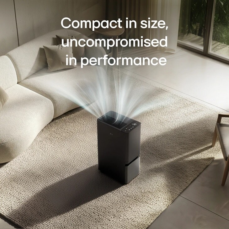 DT501BKR0 Dehumidifier infographic showing compact design with 360-degree air circulation in modern living room