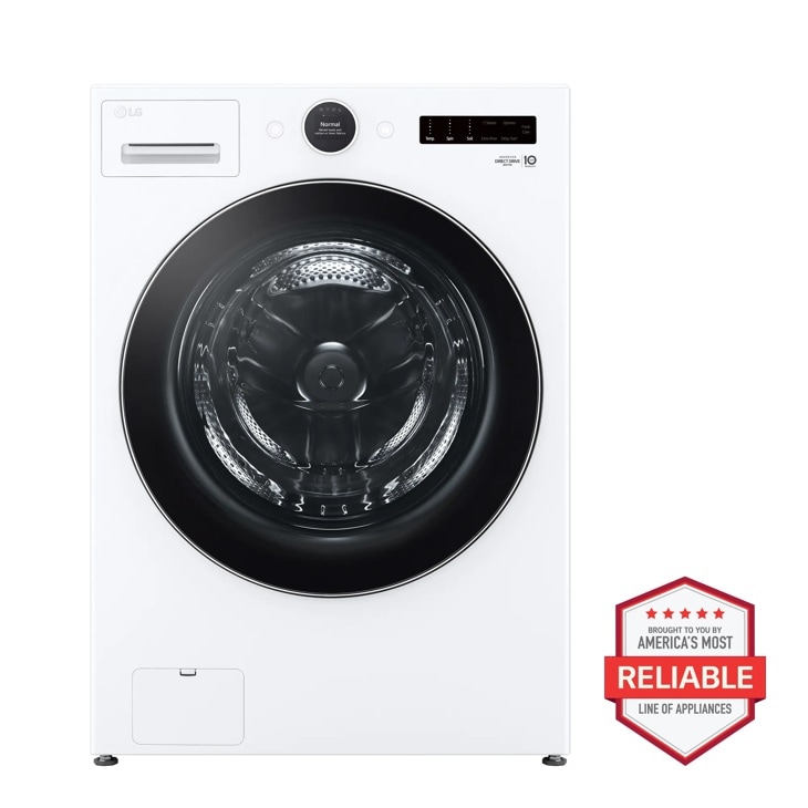 LG WM6700HWA Front Load Washer with black door trim and America's Most Reliable badge - Front View