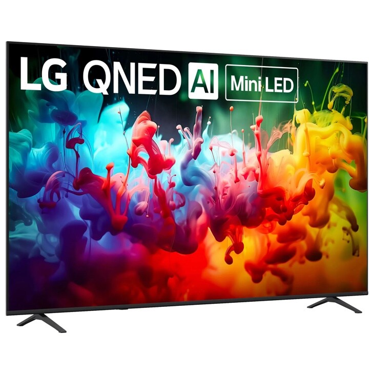85-Inch LG QNED AI Mini LED TV 85QNED75BAA displaying vibrant colorful ink swirls in blue, red, yellow and green - Side Angle