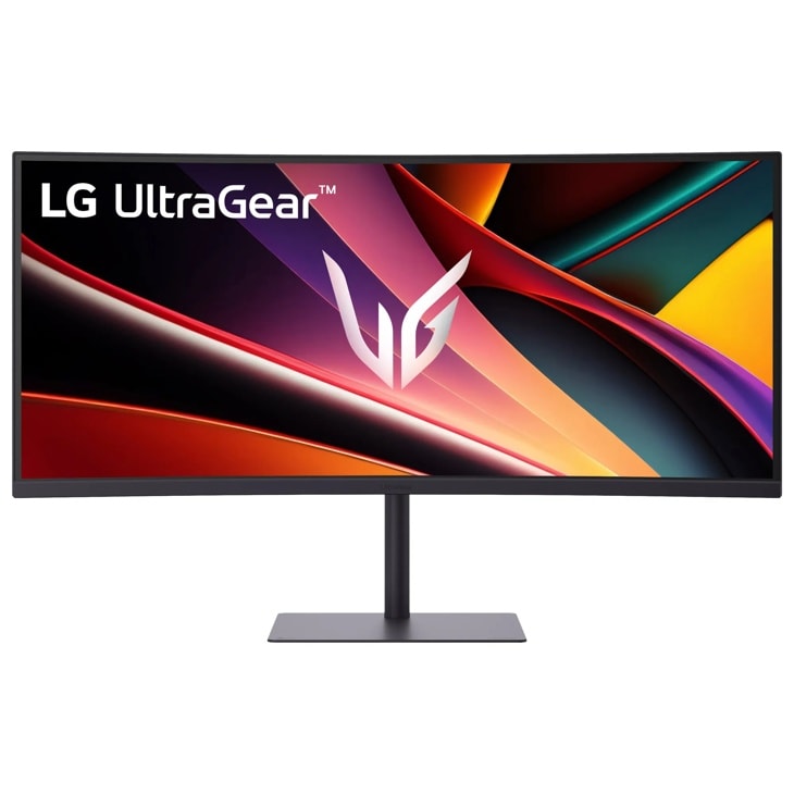 LG 34G630A-B 34-Inch UltraGear Gaming Monitor displaying colorful abstract graphics with UltraGear logo on screen - Front View