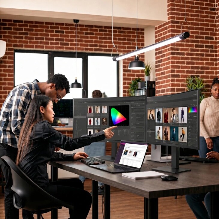LG monitors in creative workspace with professionals collaborating on color grading and fashion design projects