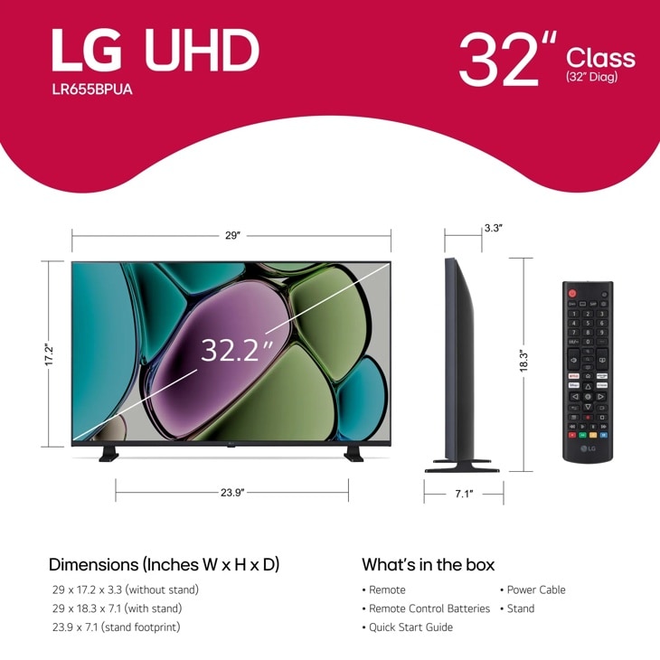 32LR655BPUA LG 32 inch HD TV image showing what is supplied in the box