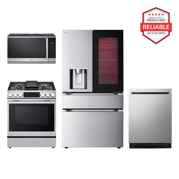 LG LF29S8365S LSGL6335X MVEL2125X LDNPM654S kitchen appliance package with microwave, stove, refrigerator, and dishwasher, America's Most Reliable line of appliances badge.