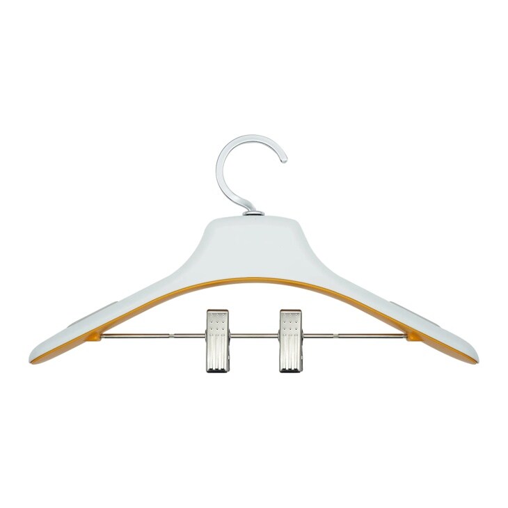 White clothes hanger with yellow interior and metal hook and clips Front View