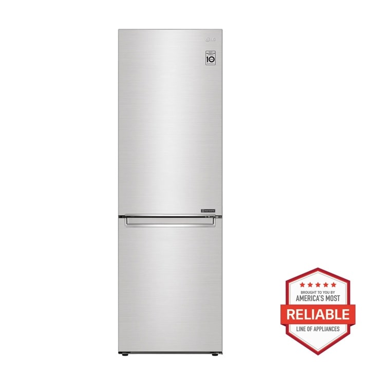 Front view of the 12 cu. ft. Bottom Freezer Counter-Depth Refrigerator - LRBCC1204S. Includes a graphic logo that says, Brought to you by America’s Most Reliable Line of Appliances.