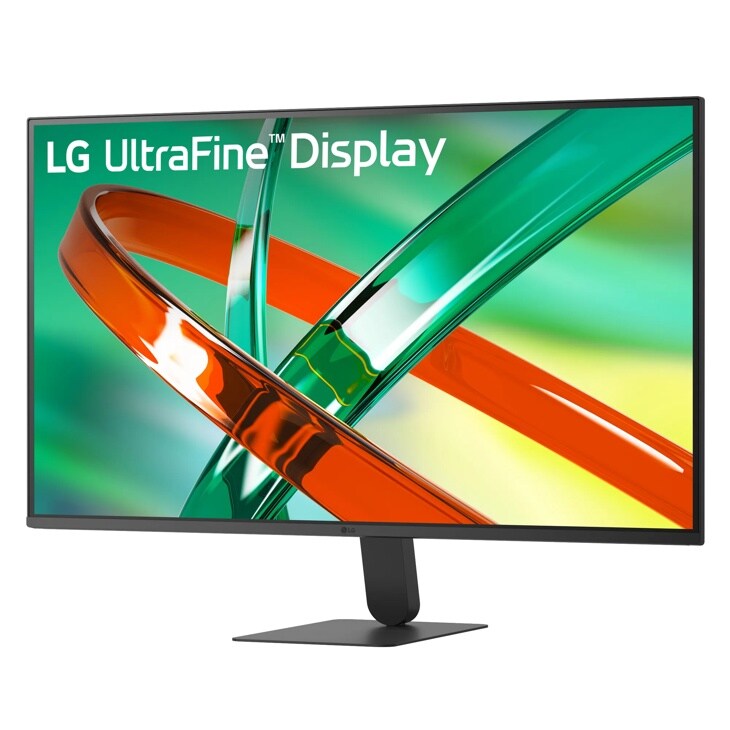 LG 32U701B-B UltraFine Monitor displaying vibrant abstract graphics with thin bezels and adjustable stand