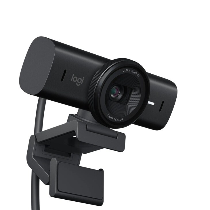 Logitech 960001558 webcam with Ultra-Wide 4K lens and 8.5MP sensor mounted on adjustable clip stand - Side Angle