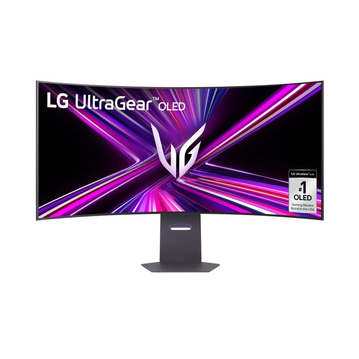 LG 45GX950A-B 45-Inch UltraGear OLED Gaming Monitor with curved display showing vibrant purple graphics and UltraGear logo - Front View