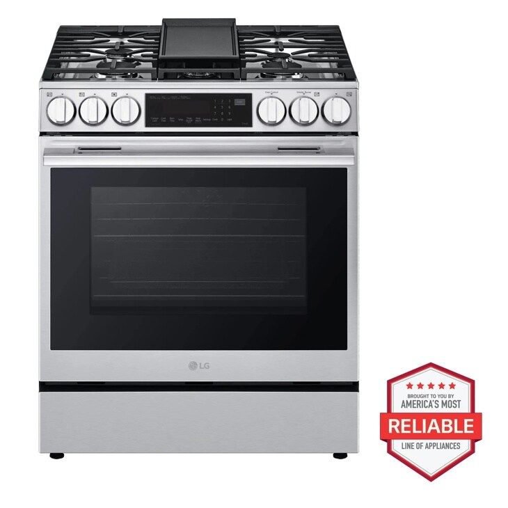 27 cu. ft. Smart Counter-Depth MAX™ French Door Refrigerator with Slide-in Gas Range, Top Control Dishwasher and Microwave Kitchen Package in Stainless Steel LRFLC2706S_LSGL6335X_MVEL2033F_LDNTM545S