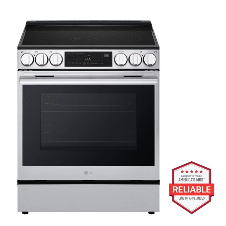 LG LSEL6335LE Electric Range with smooth cooktop, digital display showing 235, control knobs, and Americas Most Reliable badge - Front View