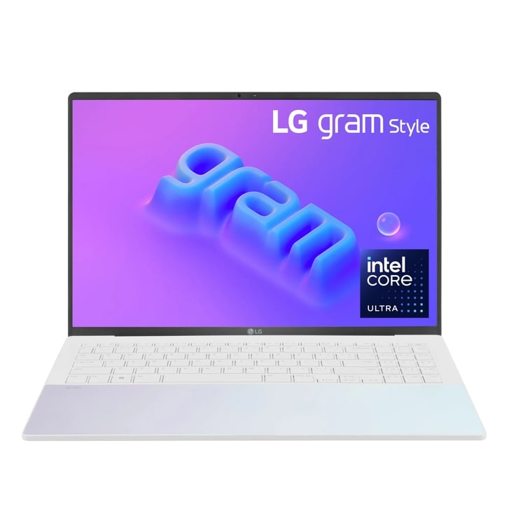 LG Gram 16Z90RS-K.ADW8U1 Laptop open with purple display showing LG gram Style logo and Intel Core Ultra badge - Front View