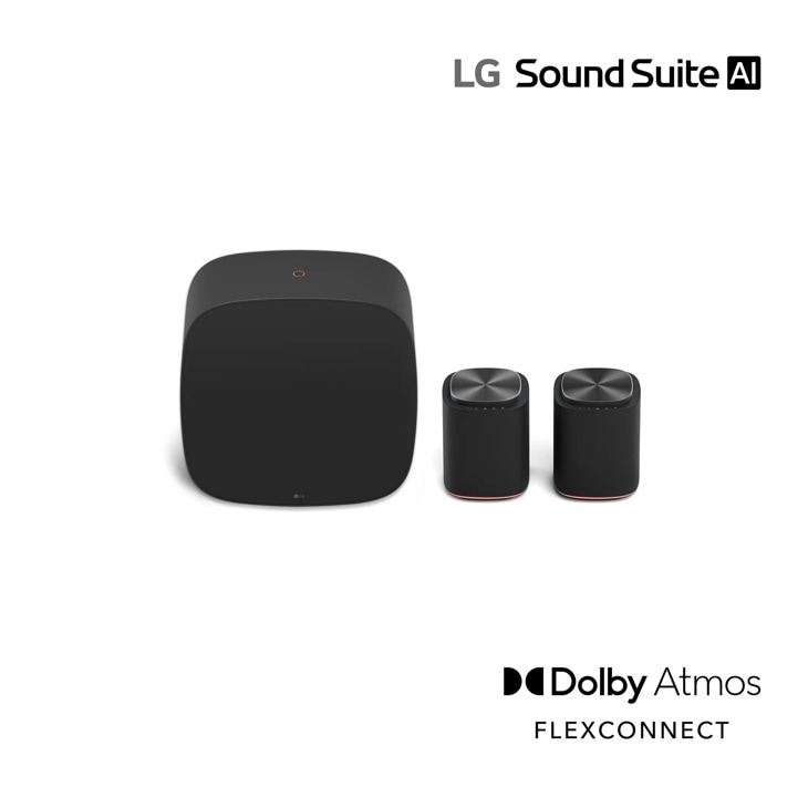 LG Soundbar on white background. “LG Sound Suite AI” and “Dolby Atmos Flexconect” logos.