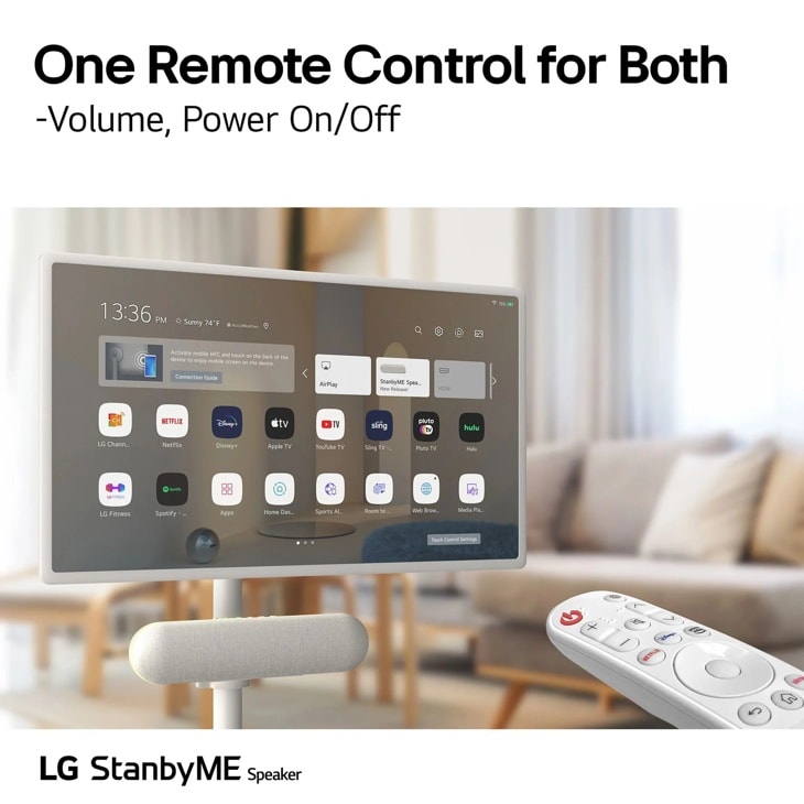 Image of StanbyMe Touch Screen display with apps shown on screen and remove control controlloing both the display and the speaker