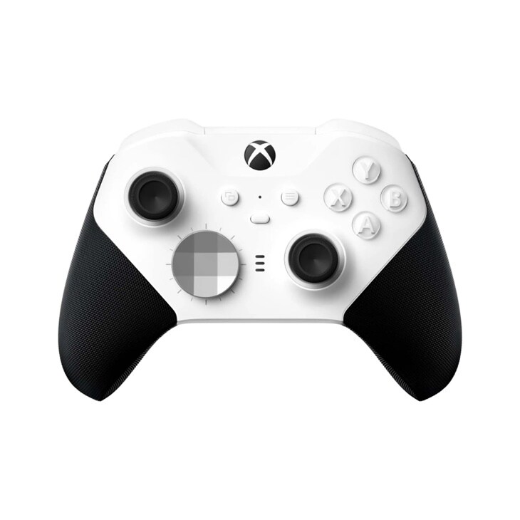 Xbox Elite Wireless Controller 4IK00001 with white body, black textured grips, dual analog sticks, and customizable center button - Front View