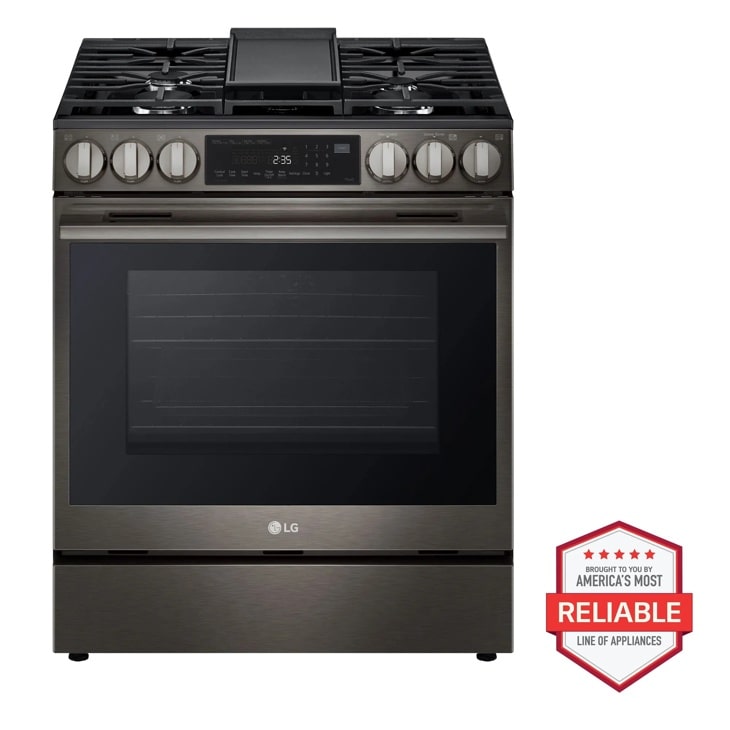 23 cu. ft. Smart InstaView™ Door-in-Door® Counter-Depth Refrigerator with Exterior Water DIspenser and Craft Ice™ with Slide-in Gas Range and FlushFit™ Top Control Dishwasher Kitchen Package in Black Stainless Steel LRMVC2306D_LSGL6335Z_LDNTM545D