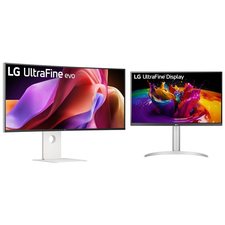 LG UltraFine evo and LG UltraFine Display monitors with vibrant screens on white stands