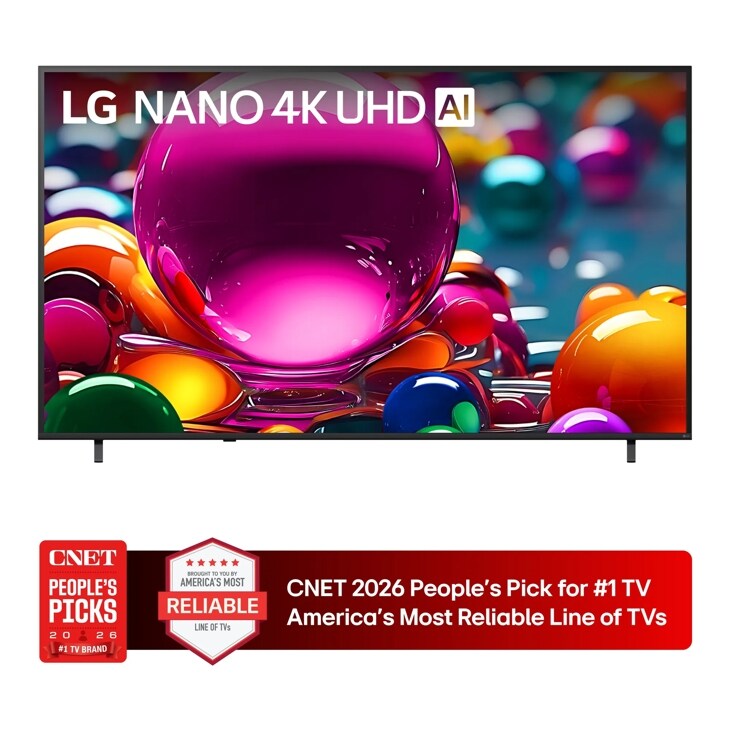 85-Inch LG NANO 4K UHD AI TV 85NU870BAUA with CNET 2026 People's Pick for #1 TV Brand and America's Most Reliable Line of TVs badges - Front View