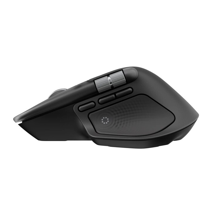 Wireless computer mouse 910007560 with ergonomic design featuring scroll wheel, programmable buttons and textured thumb rest - Side View