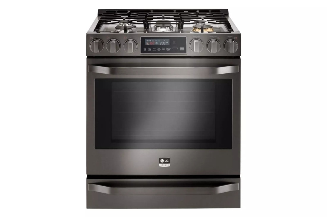 LG STUDIO 6.3 cu. ft. Smart wi-fi Enabled Gas Slide-in Range with ProBake Convection® with Essex cabinets in White