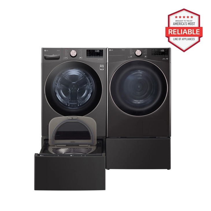 5.0 cu. ft. Front Load Washer and 7.8 cu.ft. Heat Pump Ventless Dryer with pedestal washer and drawer Laundry Set in Black Steel WM4000HBA_DLHC4002B_WD300CB_WDP6B