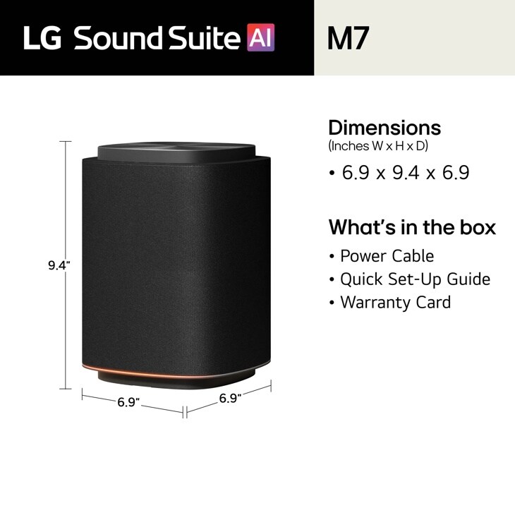 LG M7 portable speaker dimensions diagram showing 6.9 x 9.4 x 6.9 inches with product specifications and box contents