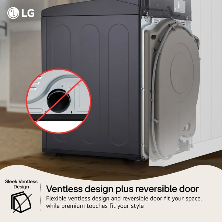 LG DLHC8402B Dryer infographic showing sleek ventless design with reversible door and flexible installation options