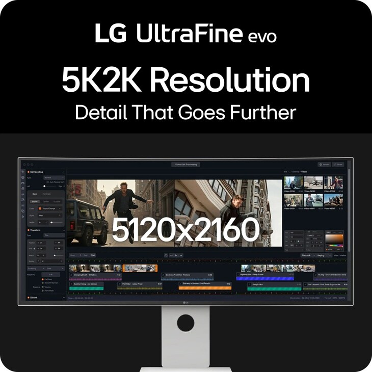 LG UltraFine evo 40U990A-W 5K2K Resolution monitor displaying video editing software with 5120x2160 resolution Front View