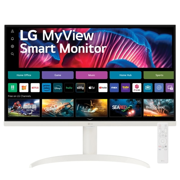Front view of the 27 Inch LG MyView (27SR75U-W) white smart monitor with 4K UHD resolution, webOS and a remote control