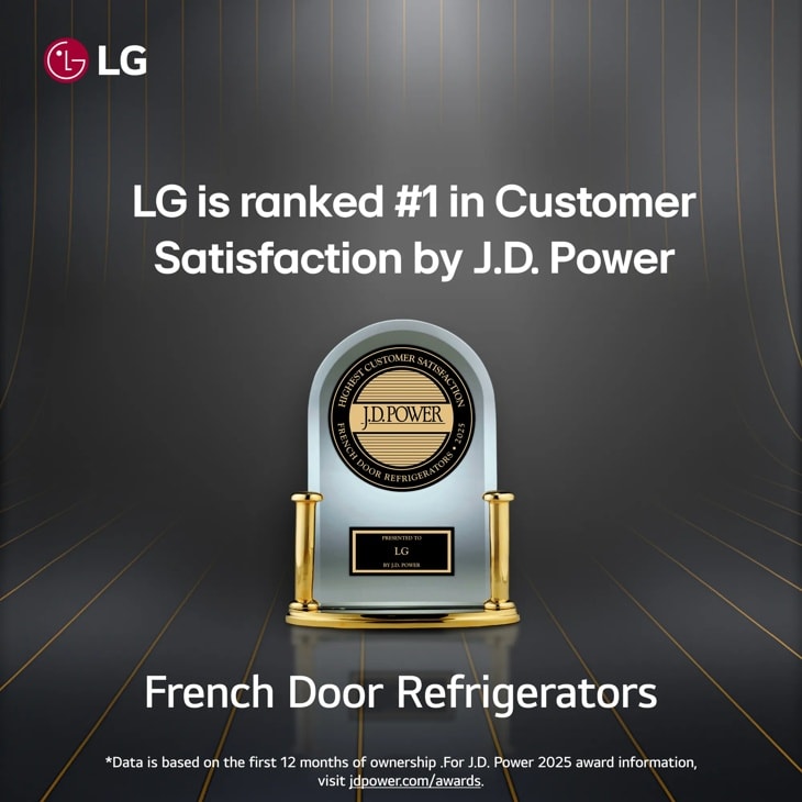 On a black background, JD Power trophy for LG French Door Refrigerator.