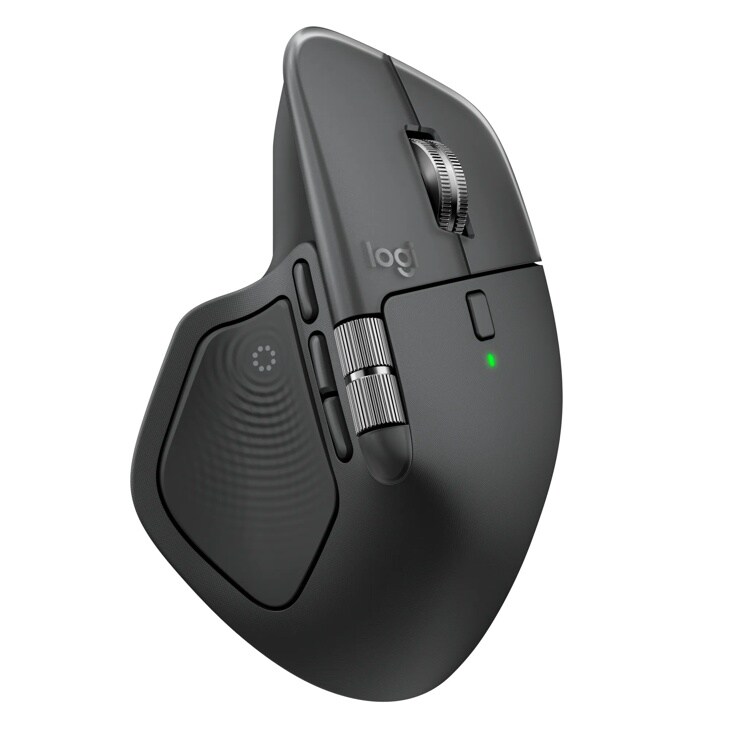 Logitech 910007616 wireless ergonomic mouse with scroll wheel, side buttons, textured grip, and green indicator light