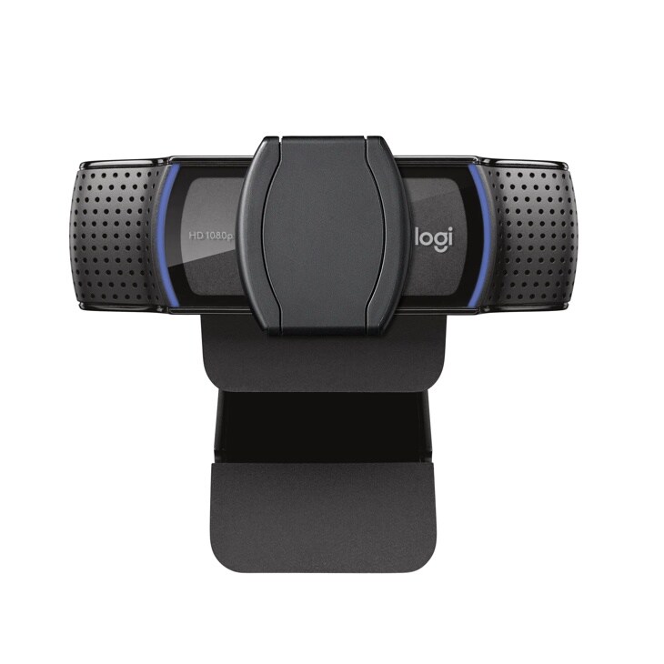 Logitech 960001257 HD 1080p webcam with perforated sides and blue accent light - Front View