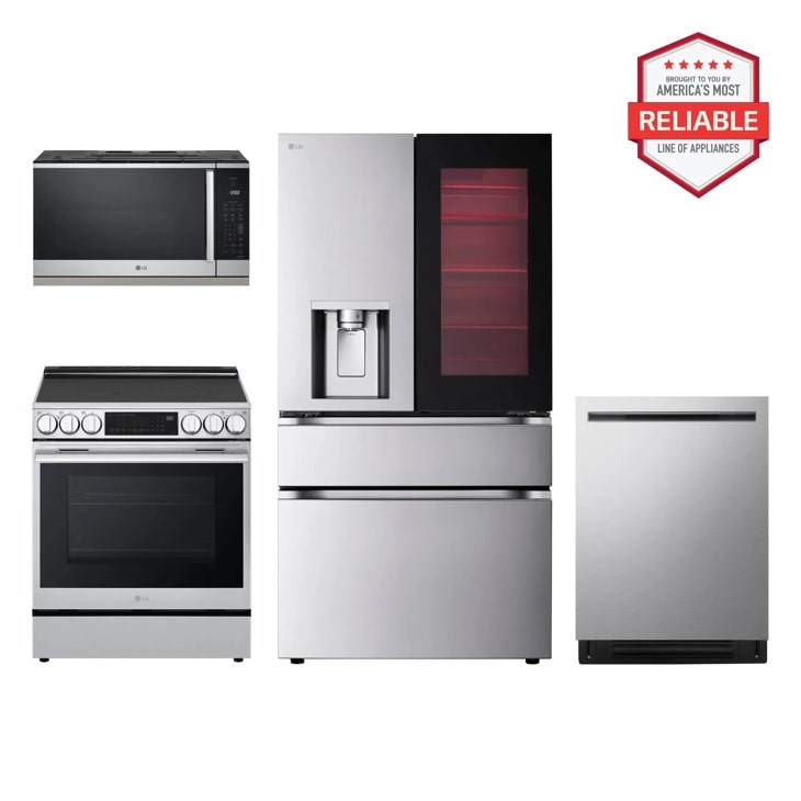 LG LF29S8365S_LSEL6335XE_MVEL2125X_LDNPM654S kitchen appliance package with America's Most Reliable badge Front View