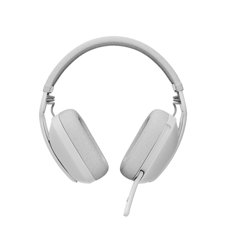 White over-ear headphones 981001257 with padded fabric earcups, adjustable headband, and attached audio cable - Front View